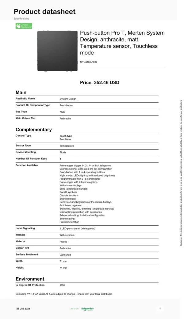 Push-button Pro T, Schneider, KNX, Otomasyon Anahtarı, [MTN6185-6034]
