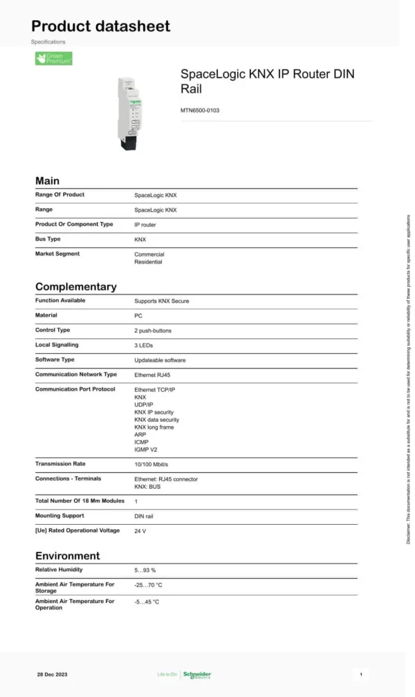 SpaceLogic, Schneider, KNX, IP Yönlendirici (Router), [MTN6500-0103]