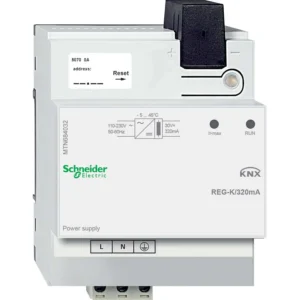 Schneider Electric KNX Power Supply MTN684032, DIN rail mounted, with connection terminals and status indicators clearly visible.